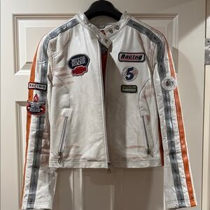 Wilson Leather race car White Jacket M with Orange and Gray Accents